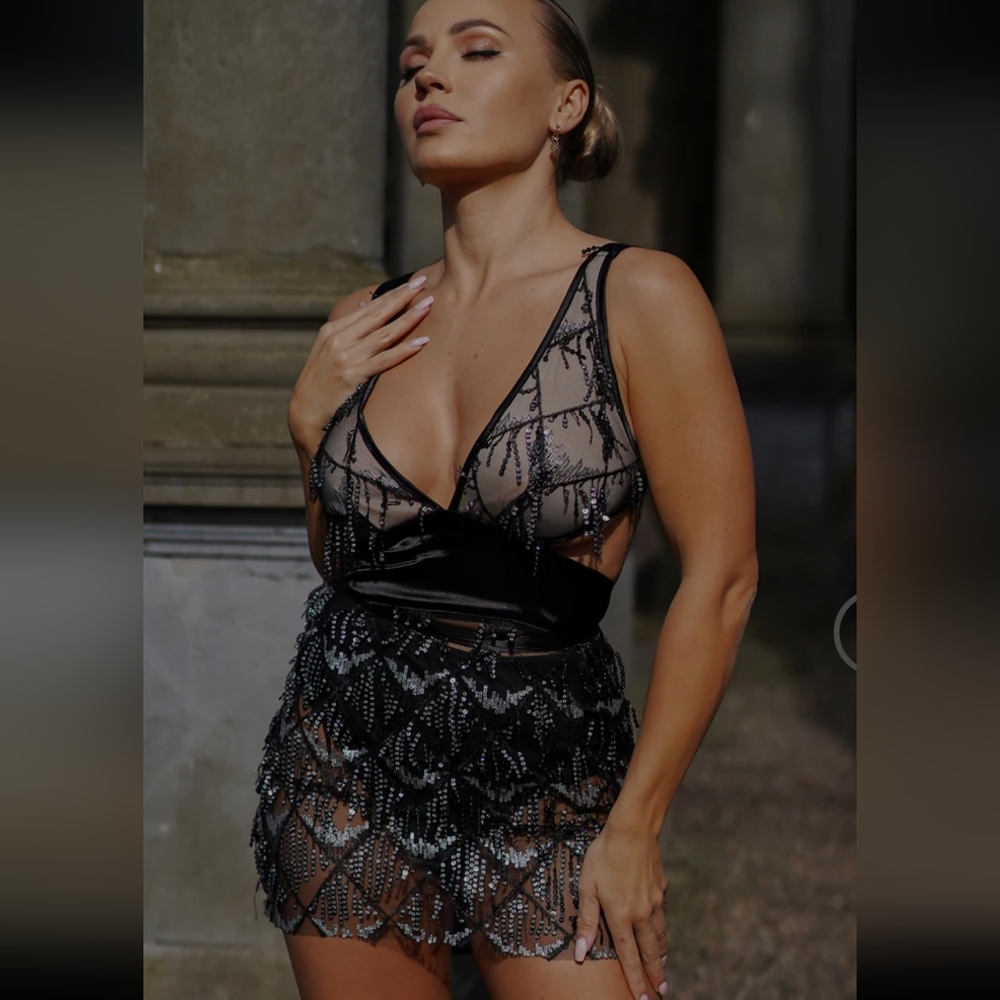 Black vneck sheer beaded cocktail dress mini dress